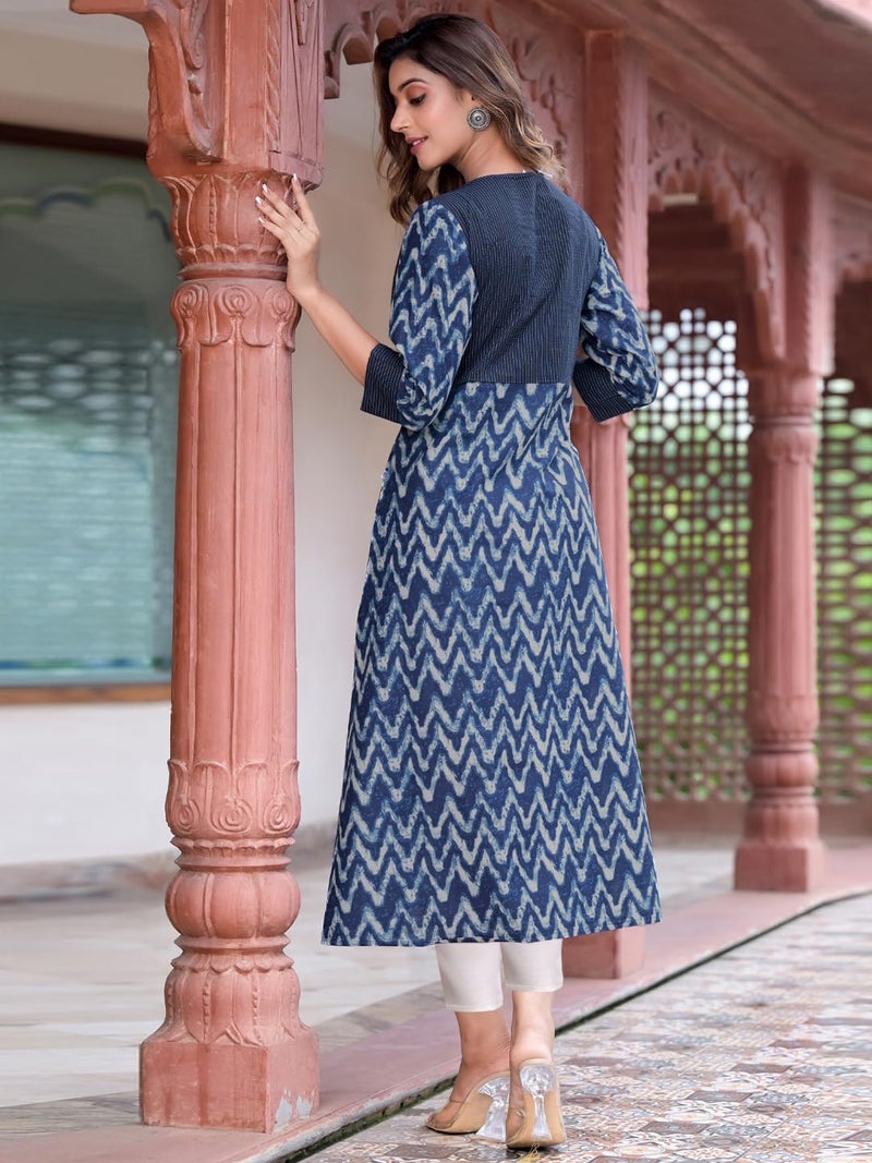 Yash Gallery Women's Cotton Chevron Kantha A-line Indian Calf Length 3/4 Sleeves Kurtis Dresses (Blue) - Image 4